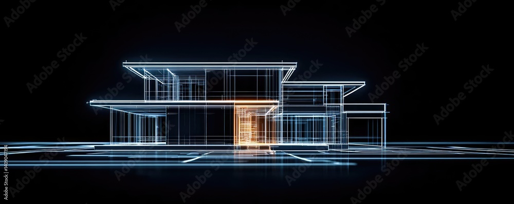Aufkleber Building house on blueprint with a focus on architecture and vignetting concept. A digital blueprint of a modern house design in sleek lines.