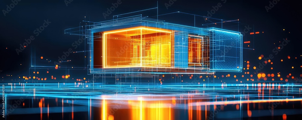 Poster Building house on blueprint under plan and architecture concept. Futuristic architectural design with neon lights and digital elements.