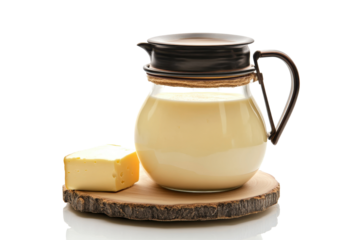 Mixed dairy products including blocks of cheese and fresh milk set on white isolated background
