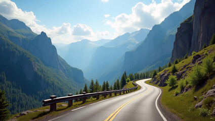 Naklejka premium Scenic view of a winding mountain road snaking through majestic summer peaks under clear blue skies. Road through the mountains