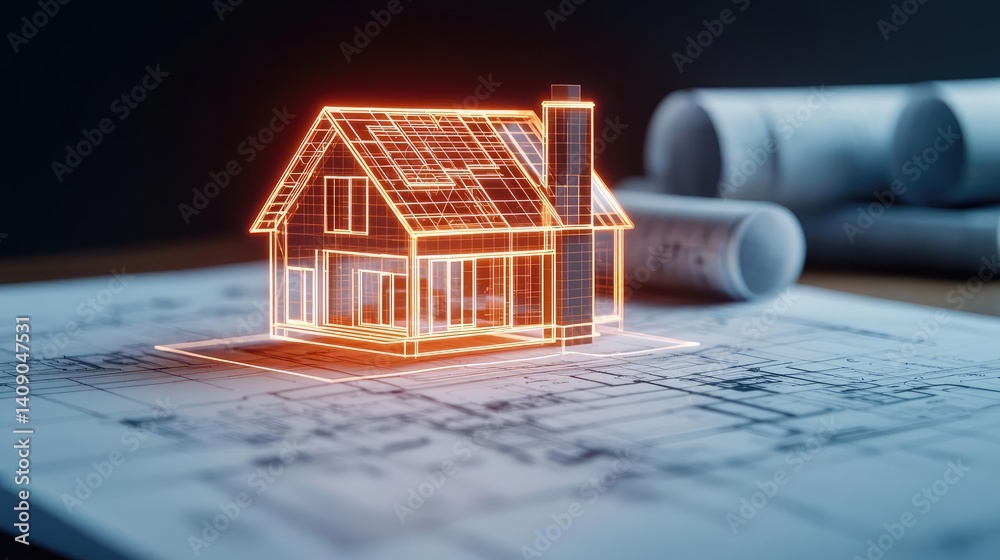 Poster building house on blueprint under plan and architecture concept. a conceptual model of a house on co