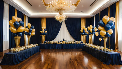 Elegant event decoration with balloons and chandelier for wedding or party celebration decor ideas