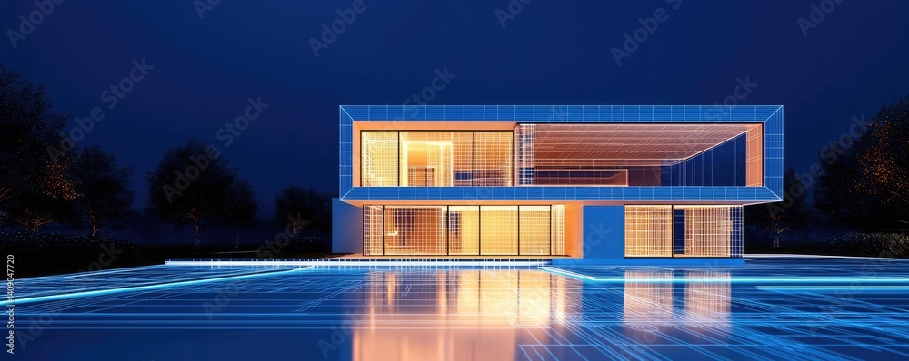 Aufkleber Building house on blueprint with vignetting and construction concept. Modern architecture design with illuminated facade at night.