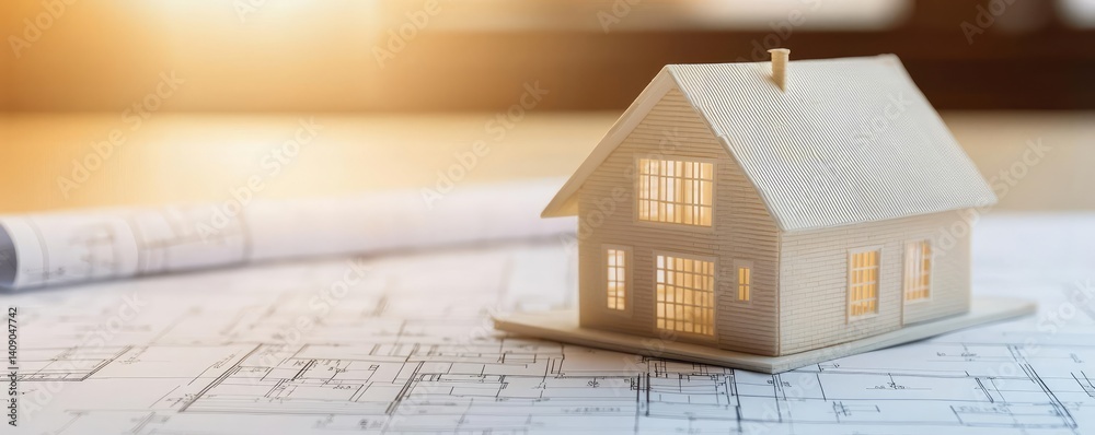 Poster Building house on blueprint with vignetting and construction concept. Model home on blueprint under warm sunlight for real estate concepts.