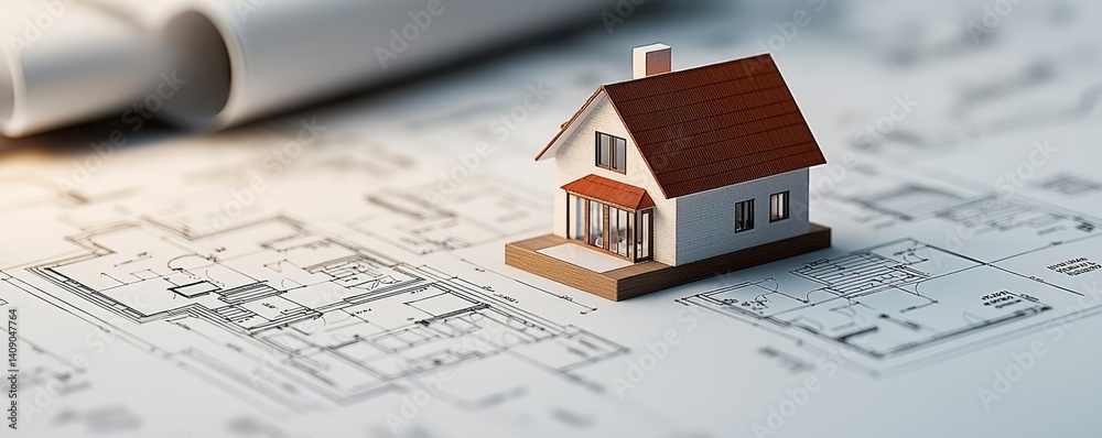 Poster building house on blueprint under plan and architecture concept. miniature house model on architectu