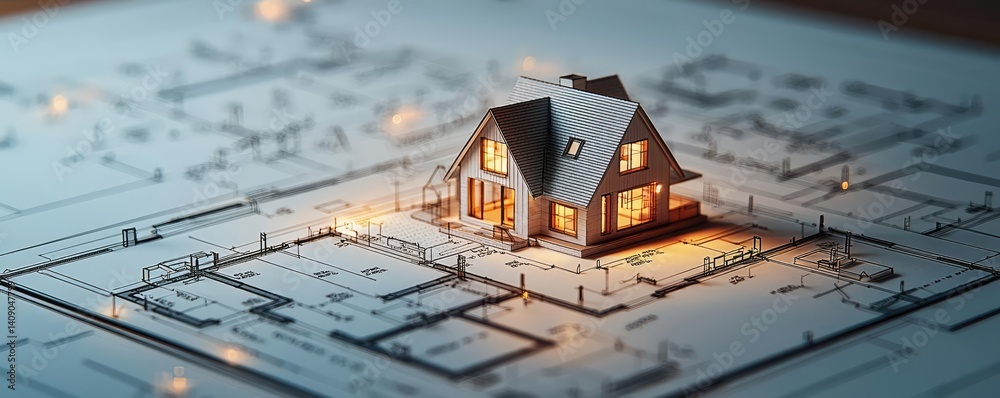 Poster building house on blueprint under plan and architecture concept. a model house illuminated on archit