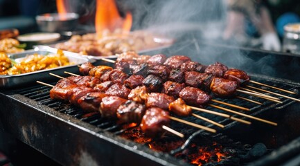 Naklejka premium A closeup of various smoky street food on grills, including mochi balls and meat skewers, creating an attractive visual display. 