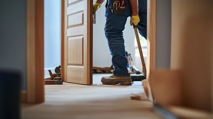 Fototapeta premium Carpenter installing a wooden door frame in a hallway. Featuring craftsmanship and attention to detail