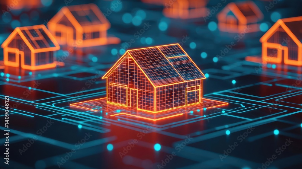 Poster Building house on blueprint with a focus on architecture and vignetting concept. Futuristic home design with digital elements and solar panels.