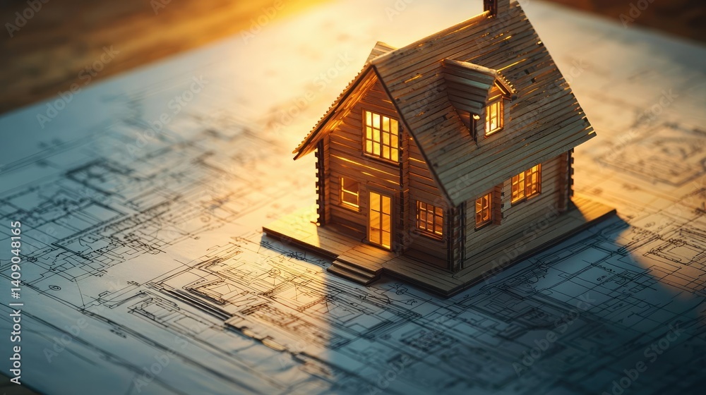Aufkleber Building house on blueprint under plan and architecture concept. Miniature house model illuminated on architectural blueprint.