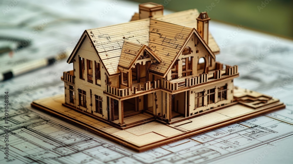 Aufkleber building house on blueprint under plan and architecture concept. detailed wooden model of a house on