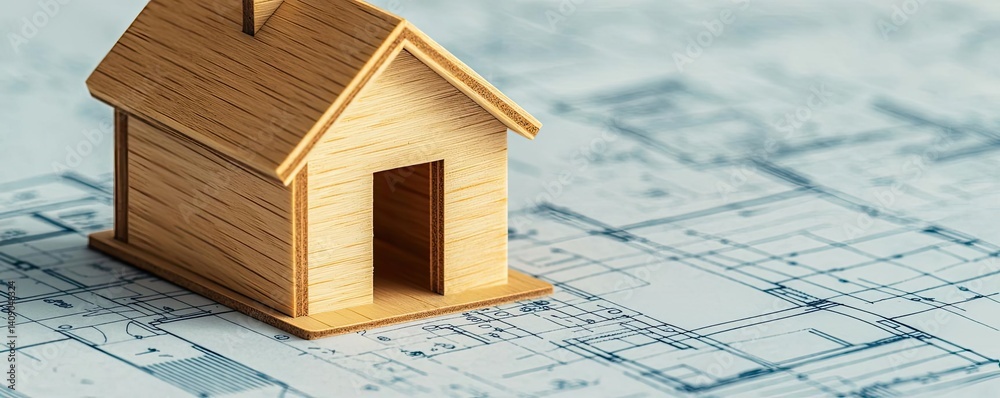 Poster building house on blueprint with vignetting and construction concept. wooden house model placed on a
