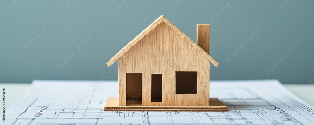 Poster building house on blueprint with vignetting and construction concept. a wooden house model on top of