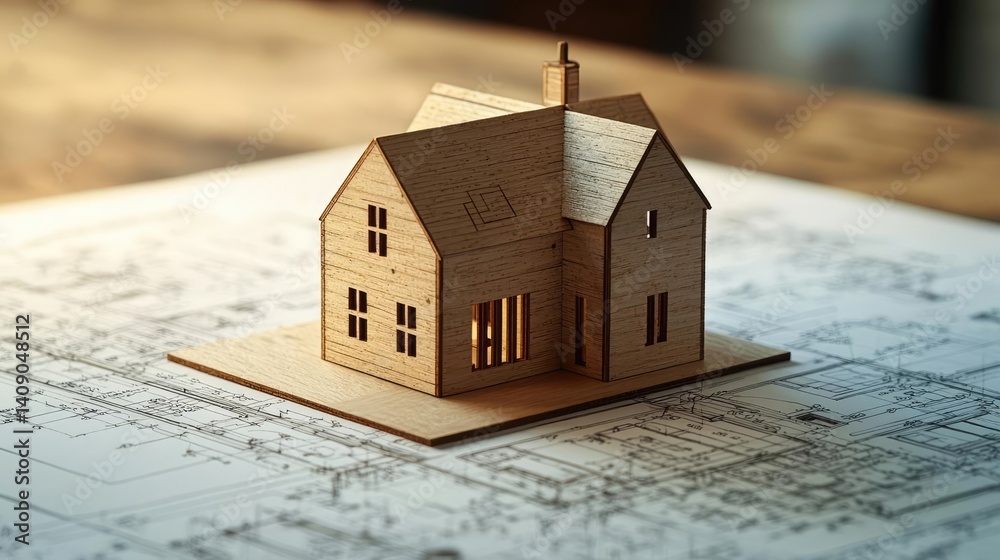 Aufkleber Building house on blueprint with a focus on architecture and vignetting concept. A wooden model house on architectural blueprints for design.
