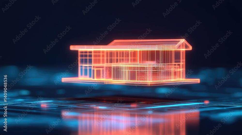 Poster Building house on blueprint under plan and architecture concept. Futuristic digital model of a house glowing in neon colors.