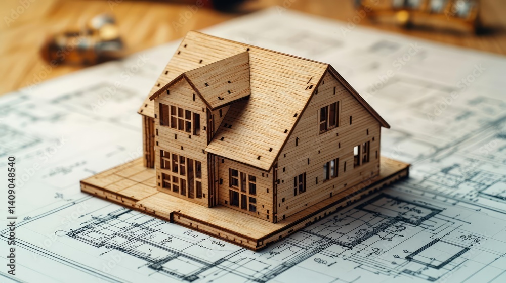 Aufkleber Building house on blueprint with a focus on architecture and vignetting concept. Wooden house model on construction blueprints for architectural design.