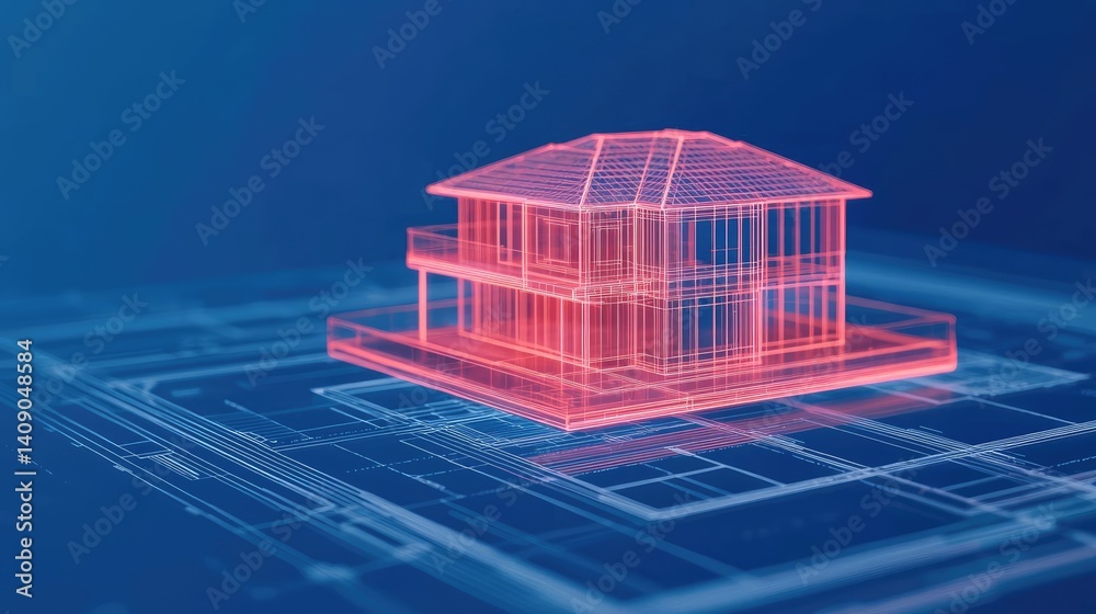 Poster building house on blueprint under plan and architecture concept. 3d rendering of a modern house blue