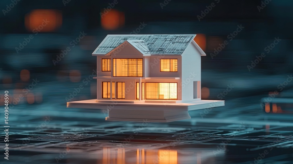Poster building house on blueprint under plan and architecture concept. a captivating model house glowing a