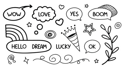 cute hand drawn doodle vector set, love, Natural , firework, cloud, weather, rainbow, snow, heart and creative design vector collection. face, arow rainbow, show