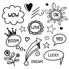 cute hand drawn doodle vector set, love, Natural , firework, cloud, weather, rainbow, snow, heart and creative design vector collection. face, arow rainbow, show