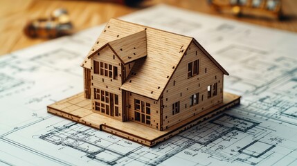 Building house on blueprint with a focus on architecture and vignetting concept. Wooden house model on construction blueprints for architectural design.