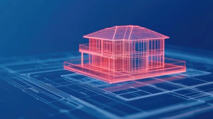 Building house on blueprint under plan and architecture concept. 3D rendering of a modern house blueprint with neon effects.