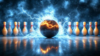 A fiery bowling ball crackling with lightning prepares to annihilate a set of pins, as the scattered pins in the background serve as a testament to its unbridled energy and destructive capability