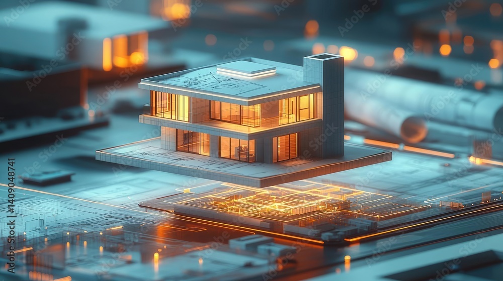 Poster Building house on blueprint with a focus on architecture and vignetting concept. Modern architectural design featuring a futuristic house model.