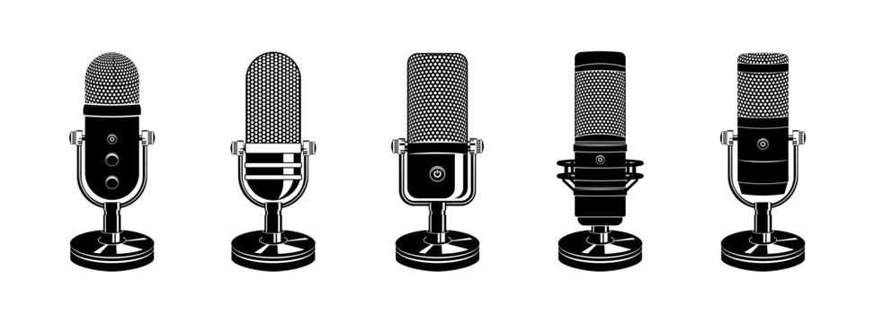 Set of microphone web icon . Flat retro music, studio and radio mic sign collection. Black silhouette design, vector art image illustration, isolated on white background.