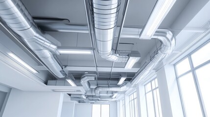 Fototapeta premium Modern industrial design showcasing metallic ductwork and bright lighting in a spacious room
