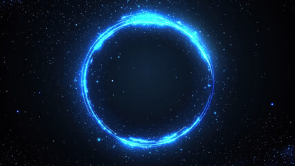 Glowing blue circle with sparkling stars on dark cosmic background