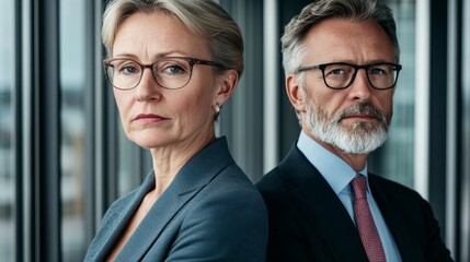 Two confident business professionals in formal attire, embodying professionalism and trust in a modern corporate setting.
