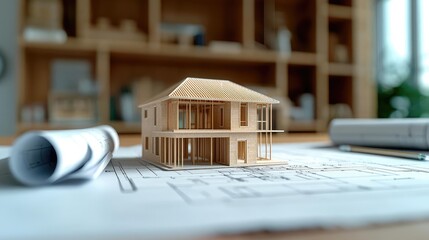 Building house on blueprint under plan and architecture concept. A detailed wooden house model placed on architectural blueprints.