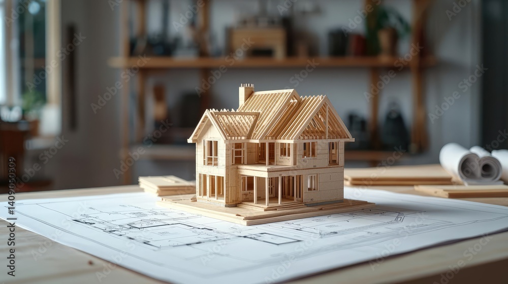 Poster building house on blueprint under plan and architecture concept. a detailed wooden model of a house 