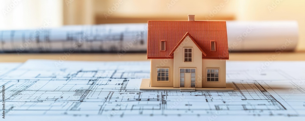 Poster building house on blueprint under plan and architecture concept. a miniature house model on architec