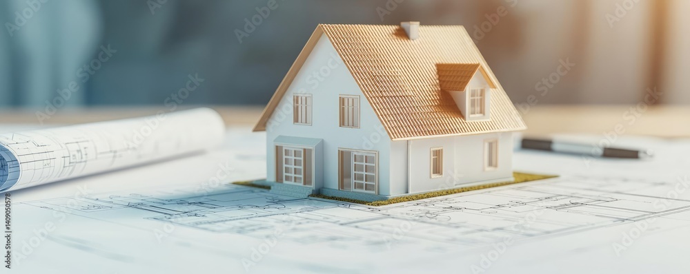 Poster Building house on blueprint under plan and architecture concept. A miniature house model on architectural blueprints showcasing design.