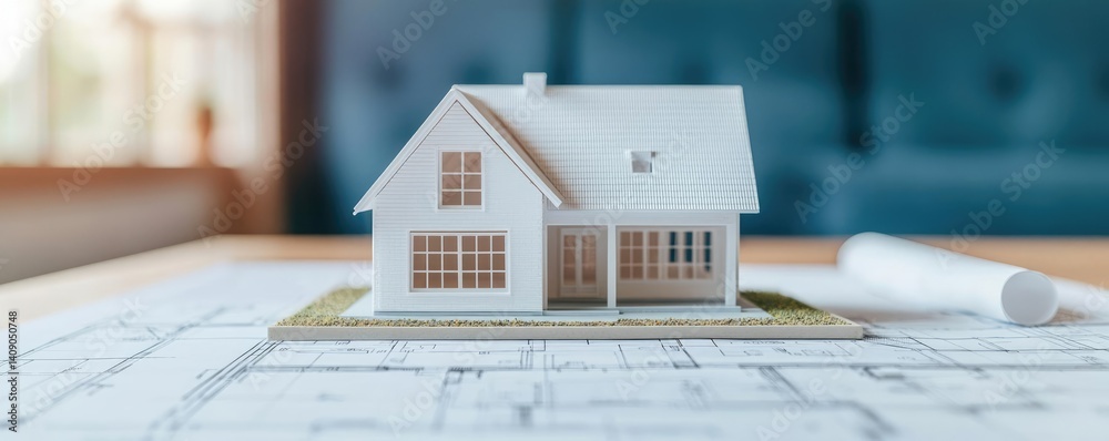 Poster Building house on blueprint under plan and architecture concept. A detailed model house on blueprints illustrating design concepts.