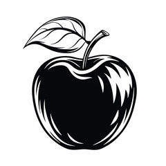 Black Apple Silhouette with Stem and Leaf, Fruit Illustration, Minimalist Design, Food