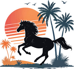 Majestic Galloping Horse Silhouette with Neon Retro Sunset and Palm Trees – Vector Illustration