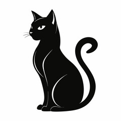 Black Cat Silhouette Isolated, Elegant Feline Sitting with Curved Tail, Simple Design