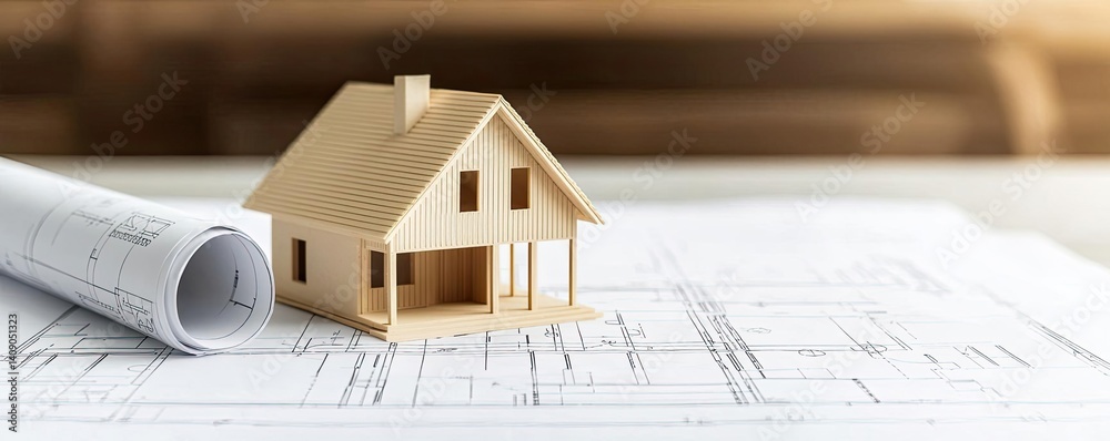 Poster Building house on blueprint with a focus on architecture and vignetting concept. A model house on architectural blueprints showcasing design.