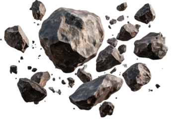 Assorted space rocks and boulder-like asteroids displayed together on a clean white background