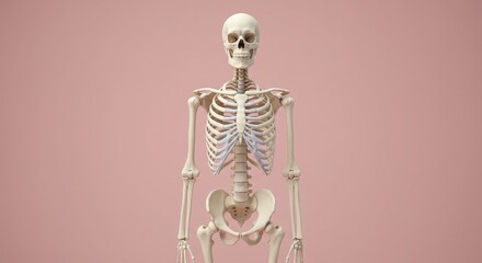 A detailed scientific illustration of a human skeleton in a symmetrical front-facing pose against a pastel pink background for medical education and modern aesthetic appeal