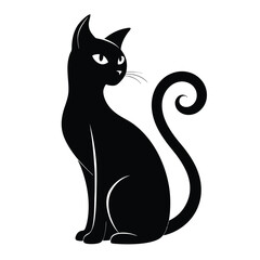 Black Cat Silhouette Sitting, Elegant Pose, Curled Tail, Halloween Style, Mystical, Feline