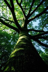 Fototapeta premium a view up into the canopy of a tree in a forest