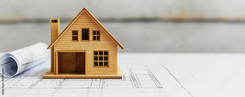Aufkleber Building house on blueprint with a focus on architecture and vignetting concept. A miniature wooden house model on architectural blueprints.