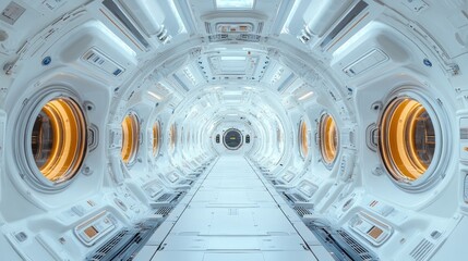 Obraz premium Futuristic Spaceship Corridor: A Journey Through White and Orange