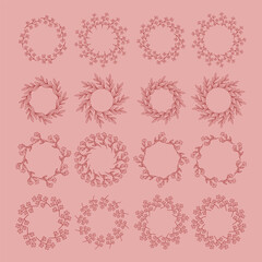 Simple flower circle frame set. Hand drawn red round line border, leaves and flowers, wedding invitation and cards, logo design and posters template. Elegant minimal style floral isolated set