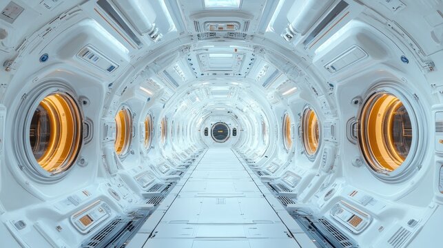 Futuristic Spaceship Corridor: A Journey Through White and Orange