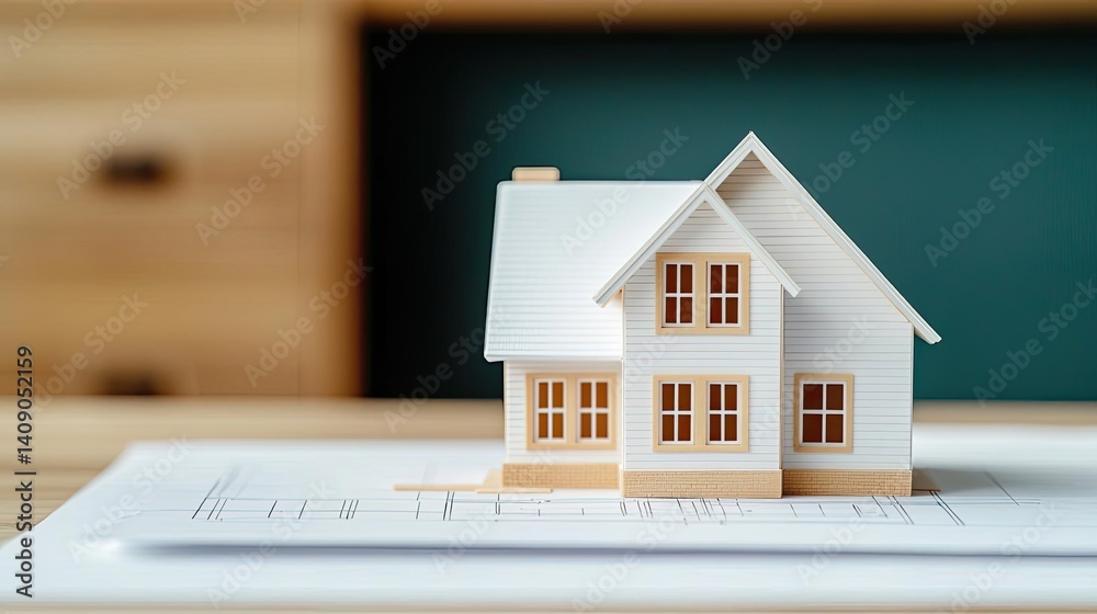 Poster Building house on blueprint under plan and architecture concept. A detailed model house on architectural blueprints.